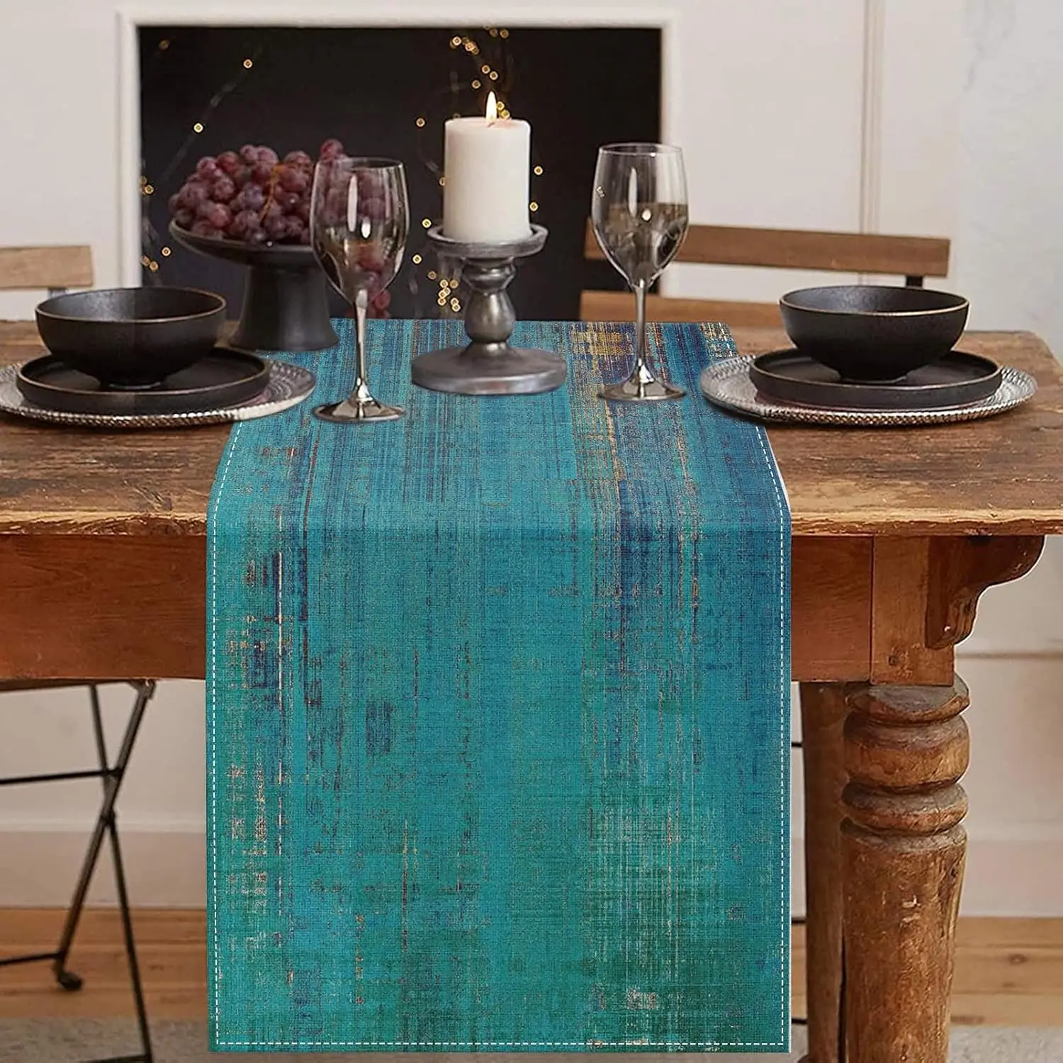 Abstract Teal Gold Table Runner - Vintage Weathered Fluid Texture Modern Luxury Art Cover for Farmhouse Dining