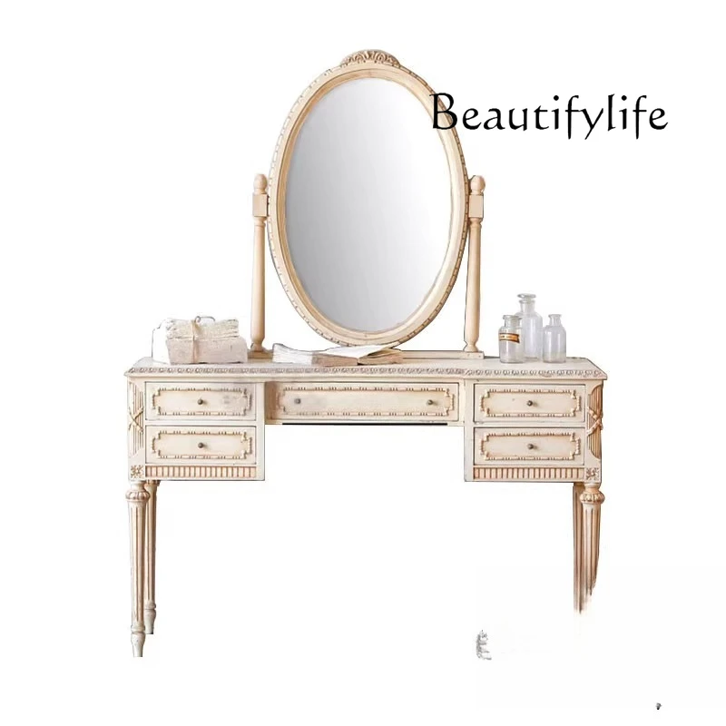 

Solid wood carving flower retro dresser simple European size luxury old makeup table