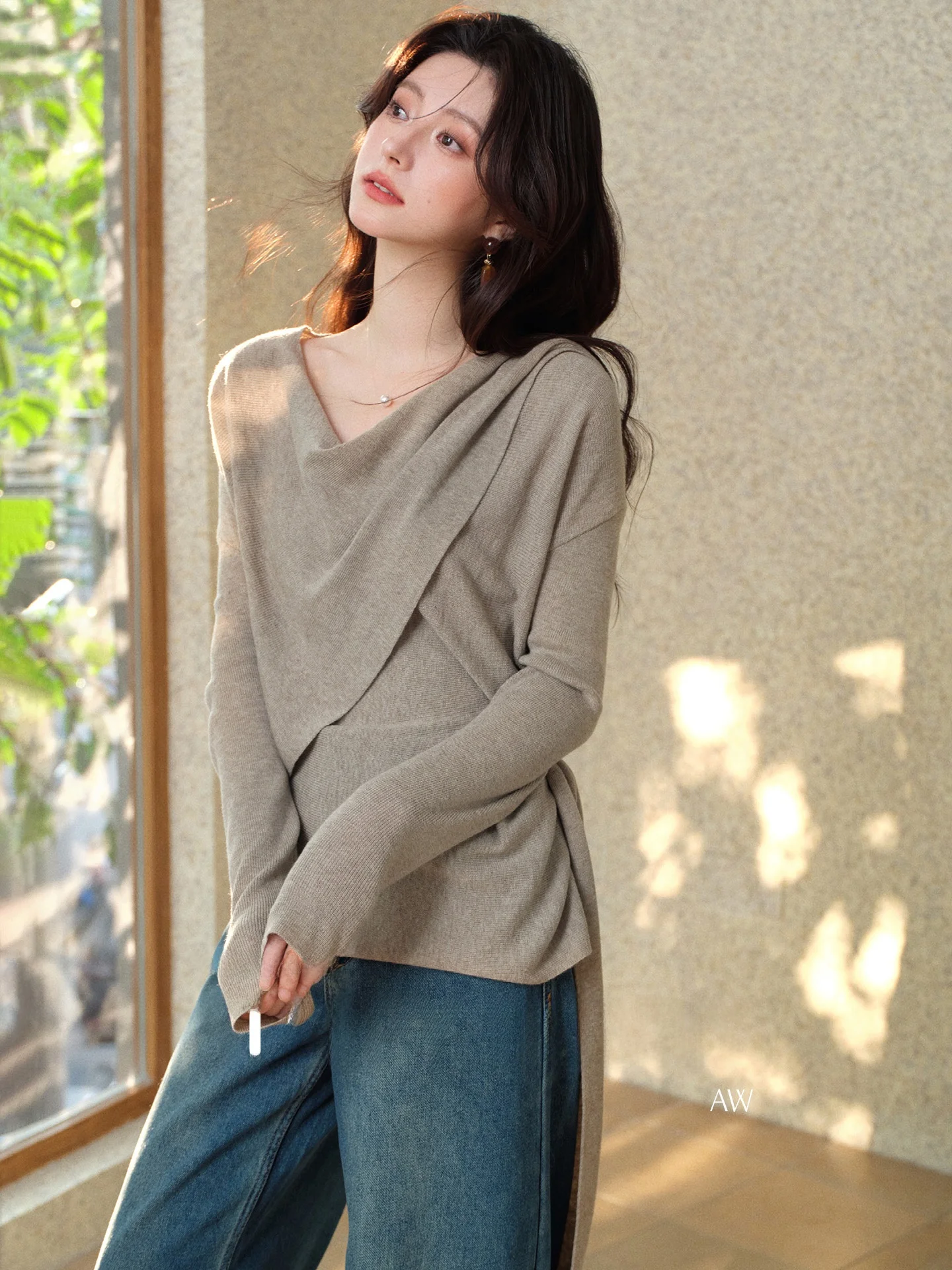 

bunny ey Long Sve Women's T-irt Spring Knittedwear Design Sense Outerwear Slimming Top Knot Tie Overhead Sle