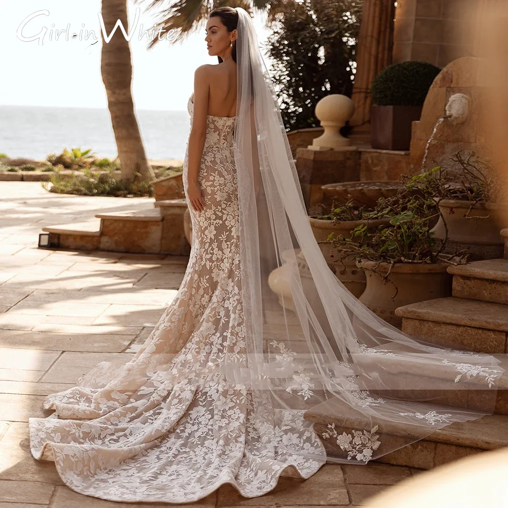 تخصيص قبالة الكتف الحبيب انفصال قطار الدانتيل حورية البحر فساتين الزفاف عارية الذراعين يزين مطرز ثوب الزفاف البوق