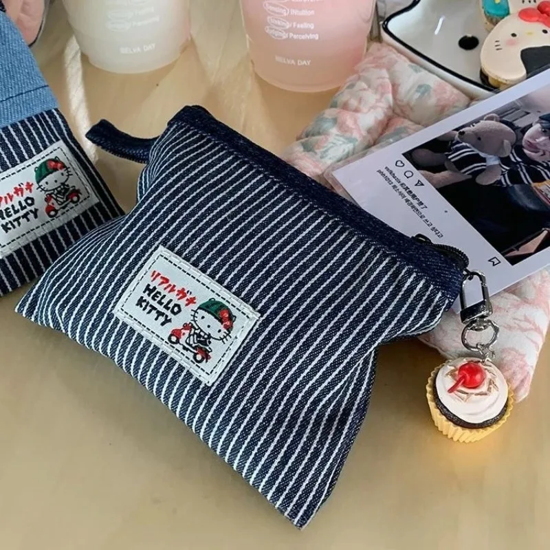 헬로 키티 동전 가방 카와이 데님 보관 가방 애니메이션 립스틱 헤드폰 가방 휴대용 레트로 다용도 보관 가방 소녀 선물