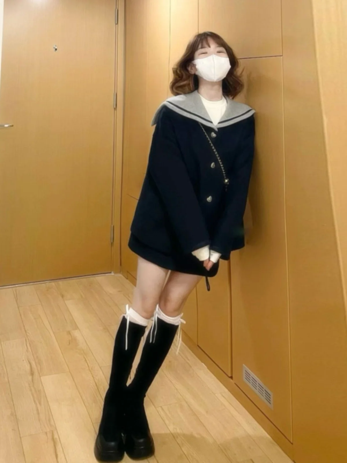 

College Sle Navy Collar Woolen Coat And Skirt Set Korean High-End Feel Spring Ready Two-Piece Ensemble Faionable Wor...