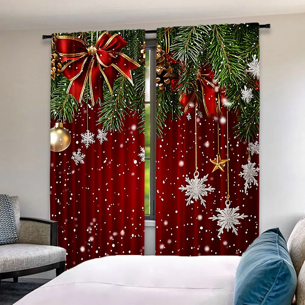 

2Pcs Christmas Curtains Classical Pine Tree Snowflakes Red Green Xmas Room Suitable For Living Room Bedroom Kitchen And Bathroom