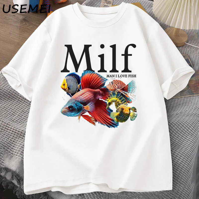 Man I Love Fish MILF TShirt Funny Fish Lover T-Shirt Men Fisherman Cotton Men's T-Shirt Harajuku Street Top Fitness Streetwear