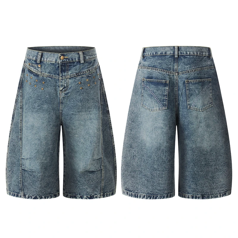 GXFortune American Design Sense Rivet Pleated Small Audience Seven-Quarter Denim Jeans Men Women Loose Knife Short Pants