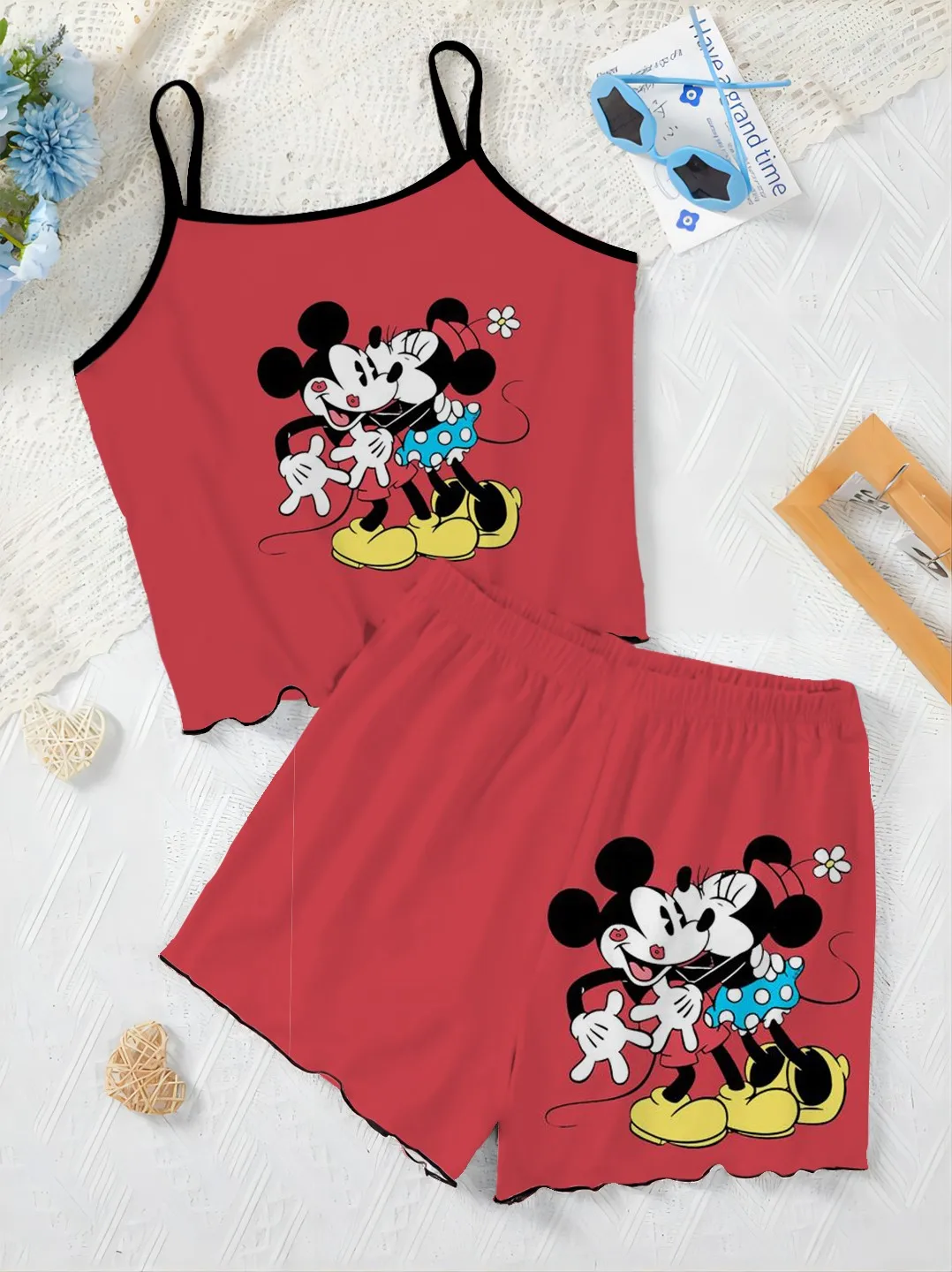 Ensemble jupe pyjama Disney pour femme, T-shirt Minnie Mouse, garniture en laitue, robe de maison, haut court trempé, pièces élé