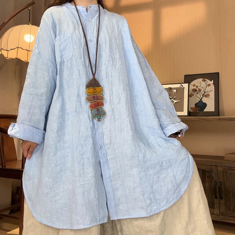

2026 New Arrival Spring/autumn Women Loose O-neck Vintage Cotton Linen Blouse Single Breasted Long Sleeve Casual Shirts YH199