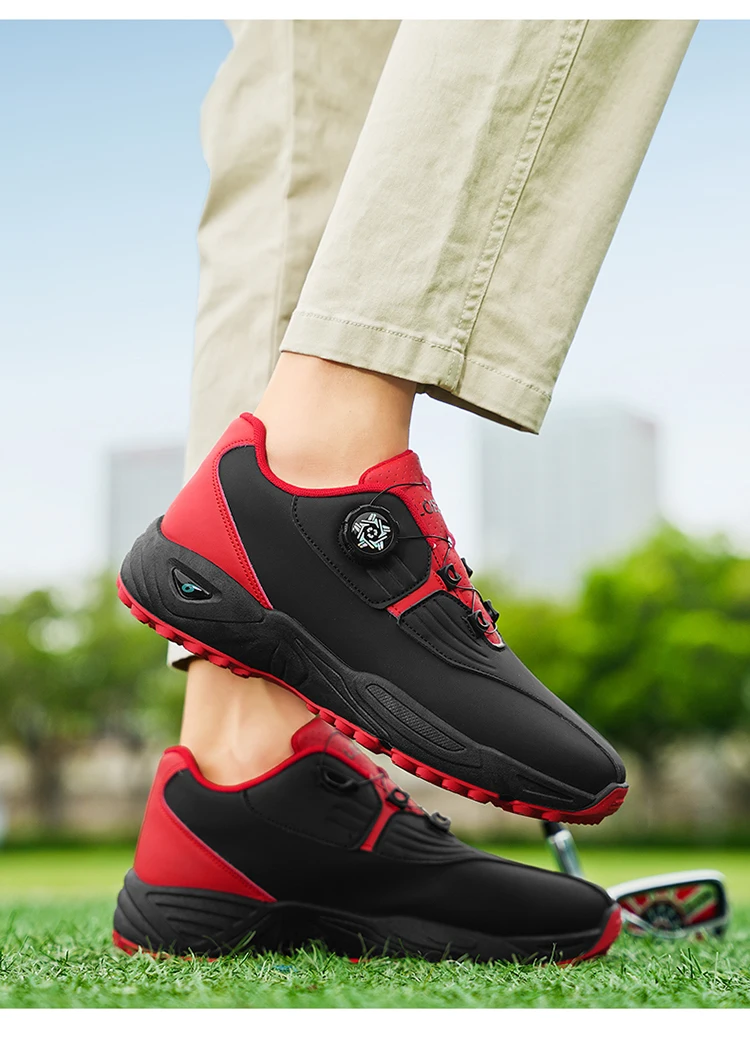 Herren Golfschuhe mit Drehverschluss und Spikes, Wasserdichtes Leder, Rutschfeste Outdoor-Sportschuhe in Weiß, Schwarz und Rot – Detail 13