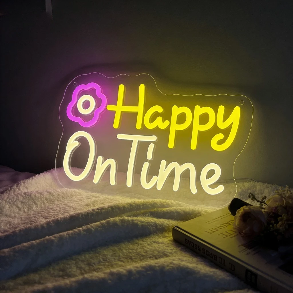 

Неоновая вывеска Happy On Time с фиолетовым цветком, светодиодный настенный декор для спальни, гостиной, кафе, вдохновляющий подарок, уютный декор для создания атмосферы