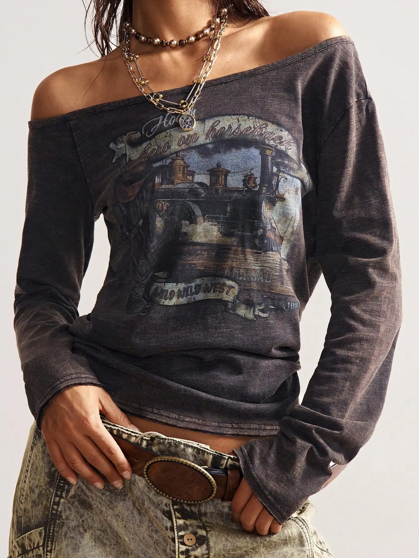

Женская футболка с длинным рукавом и принтом в винтажном стиле, с эффектом потертости, повседневный осенний топ