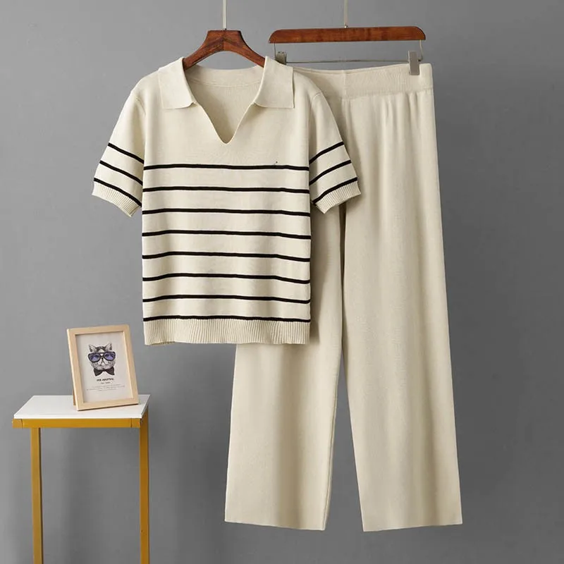 

Модный комплект из двух предметов, широкие брюки с высокой талией, вязаный топ с короткими рукавами, дизайн с цветными блоками, элегантный наряд больших размеров