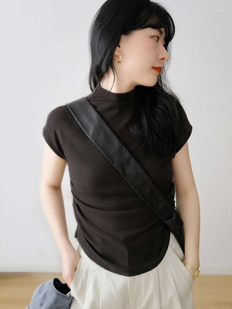 

Облегающая футболка ort Sve, женская весна-лето, плиссированный топ с эластичной резинкой на талии и воротником-стойкой, удобный дышащий влажный топ...