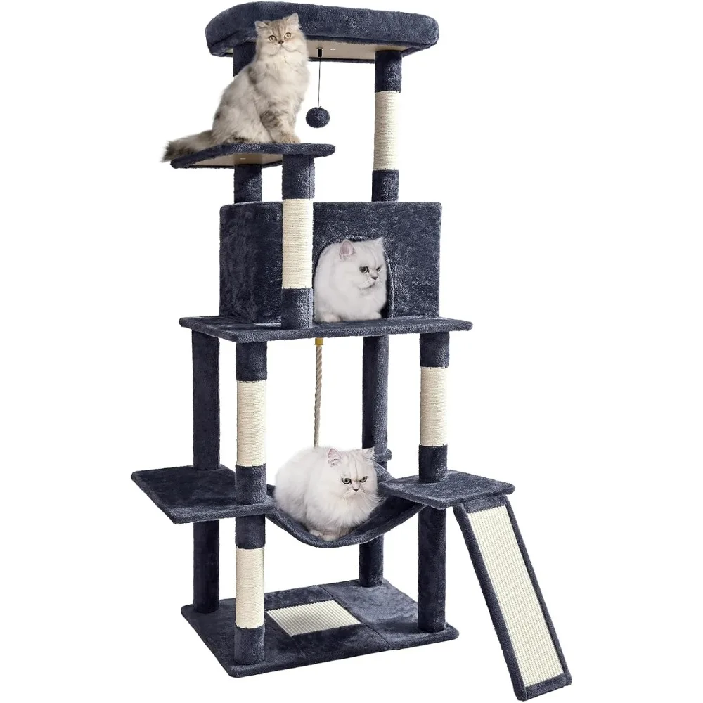 

63in Multi-Level Cat Tower with Sisal Posts, Condo, Hammock, Ball & Platform for Indoor Cats Play in Dark Grey
