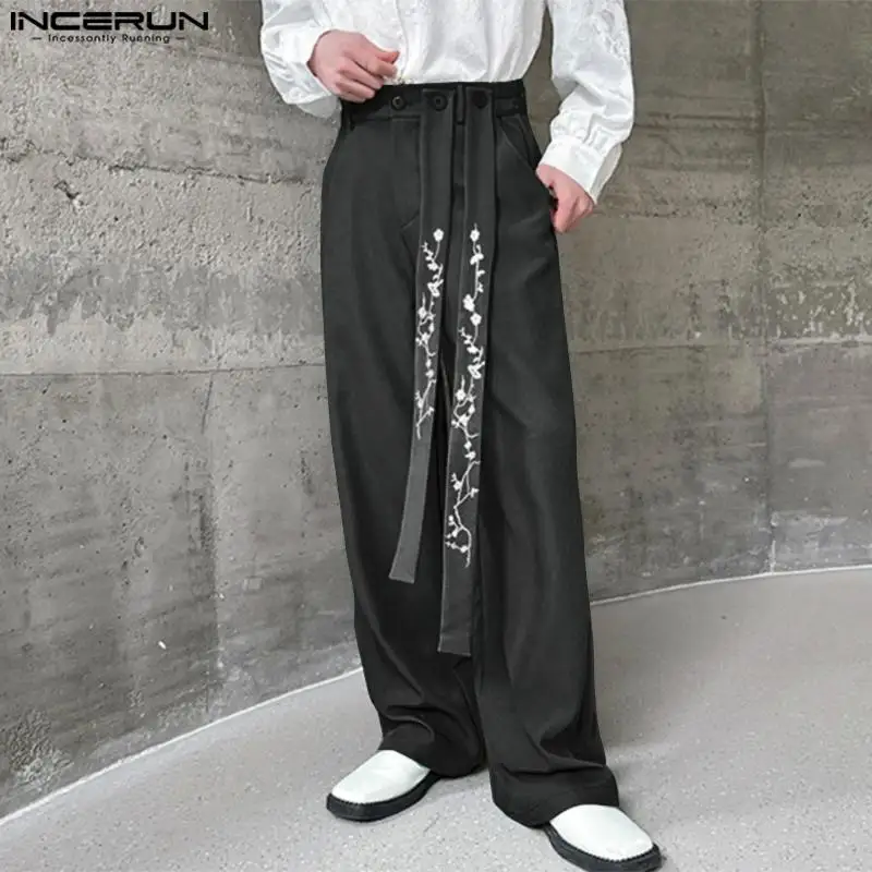 INCERUN 2024 Men Pants Printing Belt Korean Style Button Loose Casual Trousers Men Joggers Streetwear Male Straight Pants S-5XL