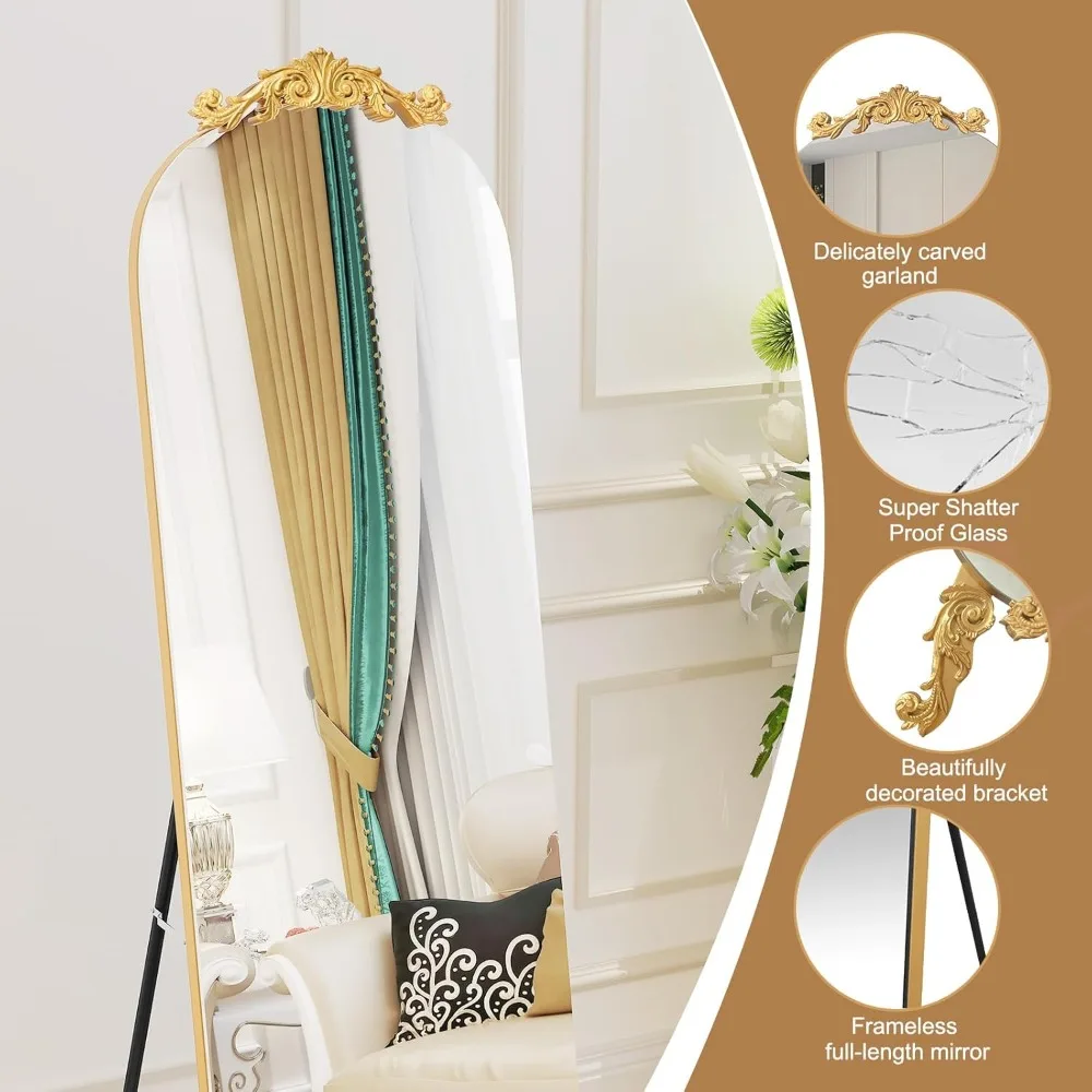 Elegante vintage gotische stijl gebogen vloerspiegel over de volledige lengte met standaard, 61,5 hoog x 20 breed, gouden afwerking, grote wanddecoratie