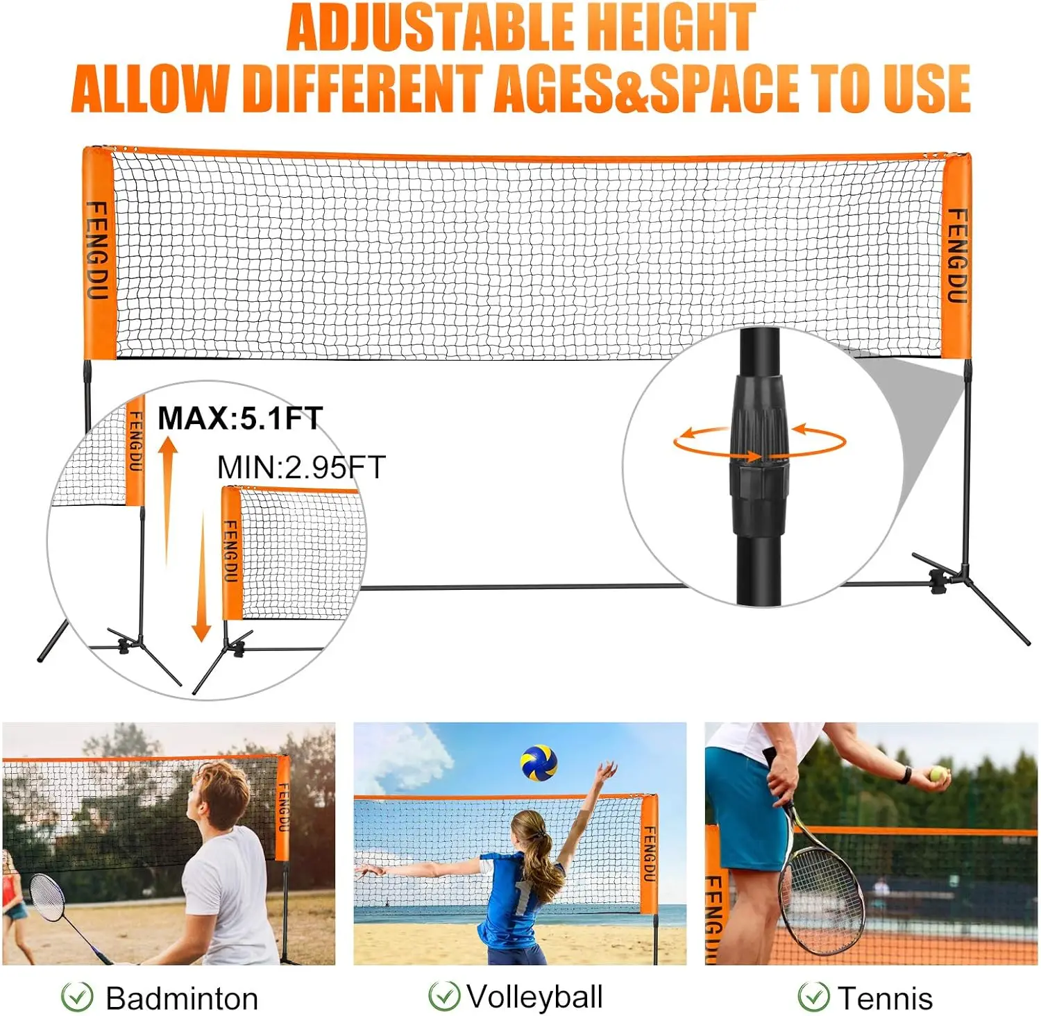 Regulowany zestaw siatki sportowej do badmintona, tenisa, siatkówki - łatwy montaż, przenośny z słupkami