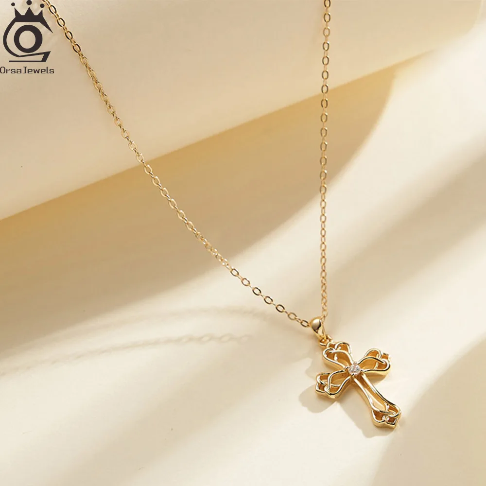 

ORSA JEWELS модное циркониевое ожерелье с крестом, кулон, ювелирные изделия для женщин, стерлинговое серебро 925 пробы, 45 см, цепочка на ключицы, колье-воротник APN42