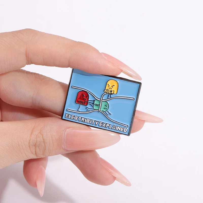 Blue Square Shape Enamel Pins Electricity Explained Science Physics Brooches Metal Lapel Badge Hat Clothes Backpack Accessories