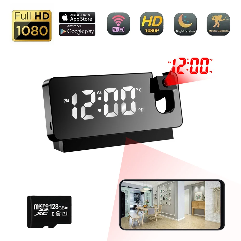 Time Projection Clock Mini Camera 1080P HD Supports 2.4G WiFi Mobile Capture USB 24-hour Plug in for Indoor Room Store Video Cam