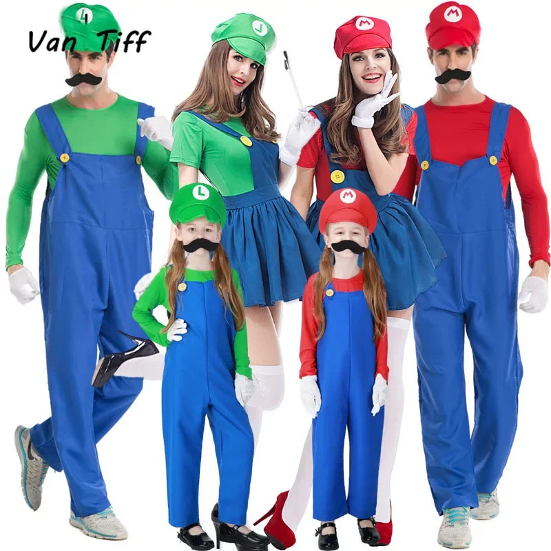 Anime Super Brothers cospaly costume Hats Luigi Plumber Cosplay  Women Girls Halloween Party Fancy Dress Parent-child Adult Kids