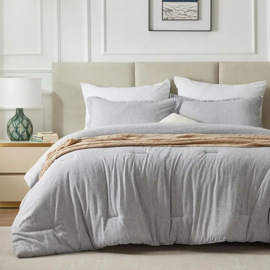 

Queen Comforter Set 3 Pieces Light Grey Soft Luxury Cationic Dyeing Queen Comforter for All Season, Light Gray Breathable Lightw