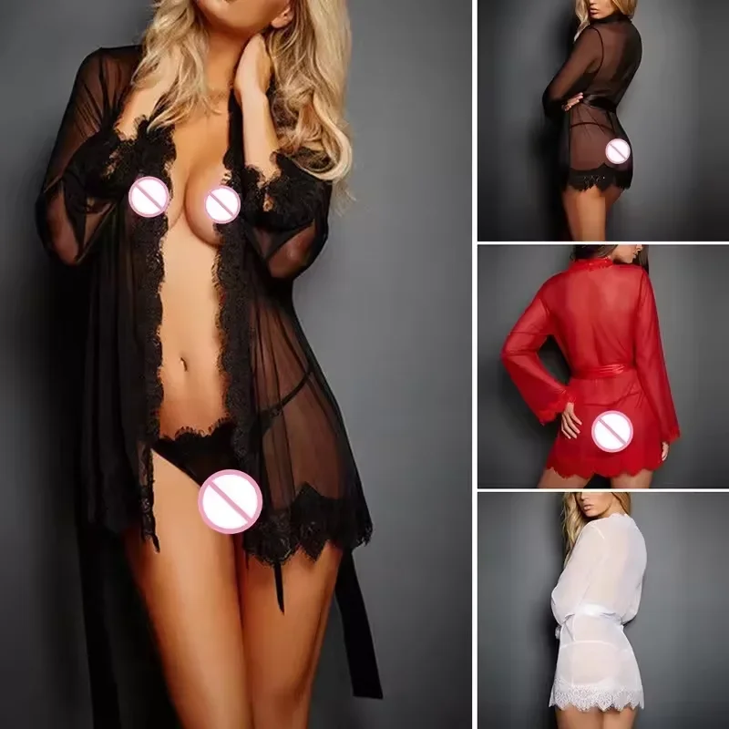 Ropa de dormir Sexy Porno para mujer, conjunto de lencería Sexy, bata de encaje, camisón, ropa interior, picardías, Tanga, camisón, ropa sexual
