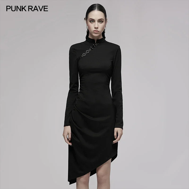 PUNK RAVE Nữ Gothic Chỉ Viền Sườn Xám Cổ Fit Slim Áo Dài Che Khuyết Điểm Khóa Hai Dây Nếp Gấp Gợi Cảm Màu Đen