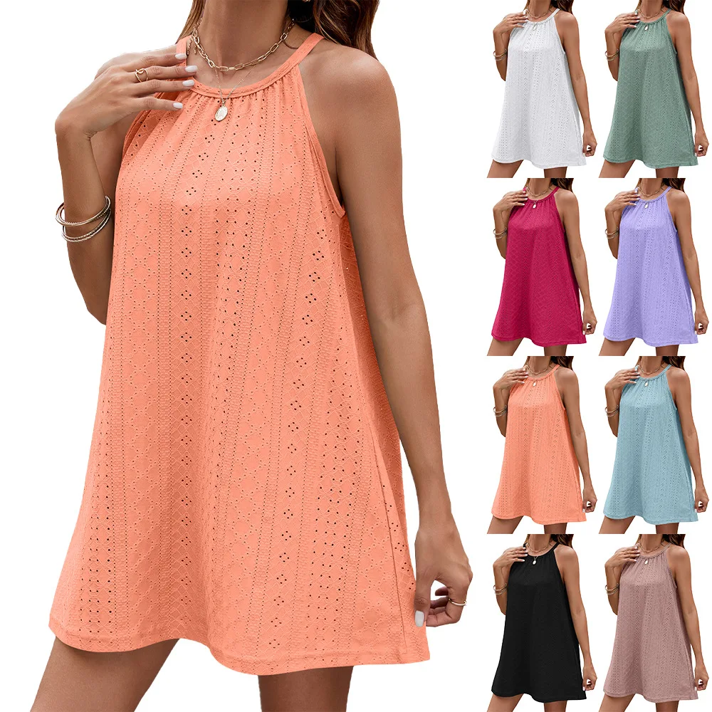 

2024 Summer New Women's Fashion, Elegance, Leisure Commuting, Sexy Solid Round Neck, Loose Hanging Strap Dress