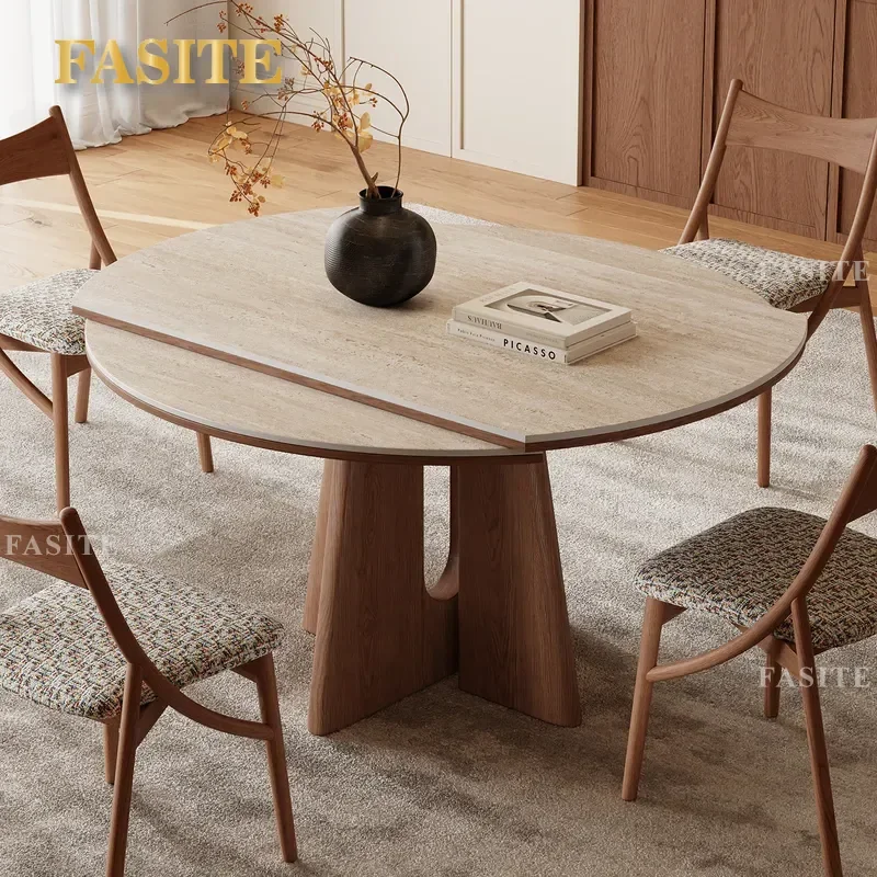For Small Apartment Solid Wood Retractable Dining Table Folding Travertine Rock Slab Variable Round Table Space Saving