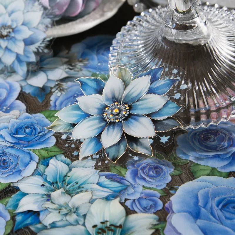 10pcs/pack Blue theme Flowers Stickers Decorative Adhesive Diy Creativity Scrapbooking hand made junk journal supplies