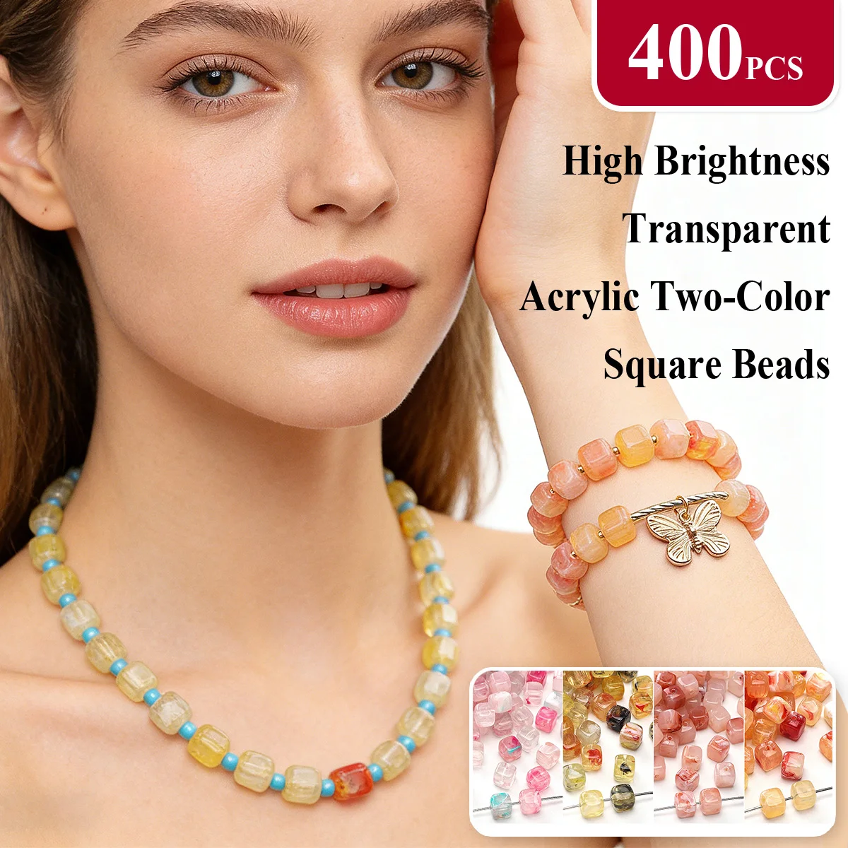 

400pcs 6x6mm High Brightness Transparent Acrylic Two-Color Square Beads - DIY Jewelry Bracelet Necklace Making for Girls/Women