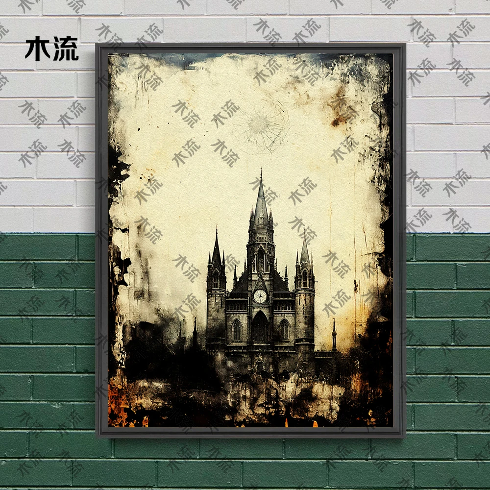 القلعة القوطية الفيكتورية، فن الحائط العتيق، لوحة قماشية، جماليات السحر الداكن، طباعة ملصق فني تجريدي، ديكور المنزل #5