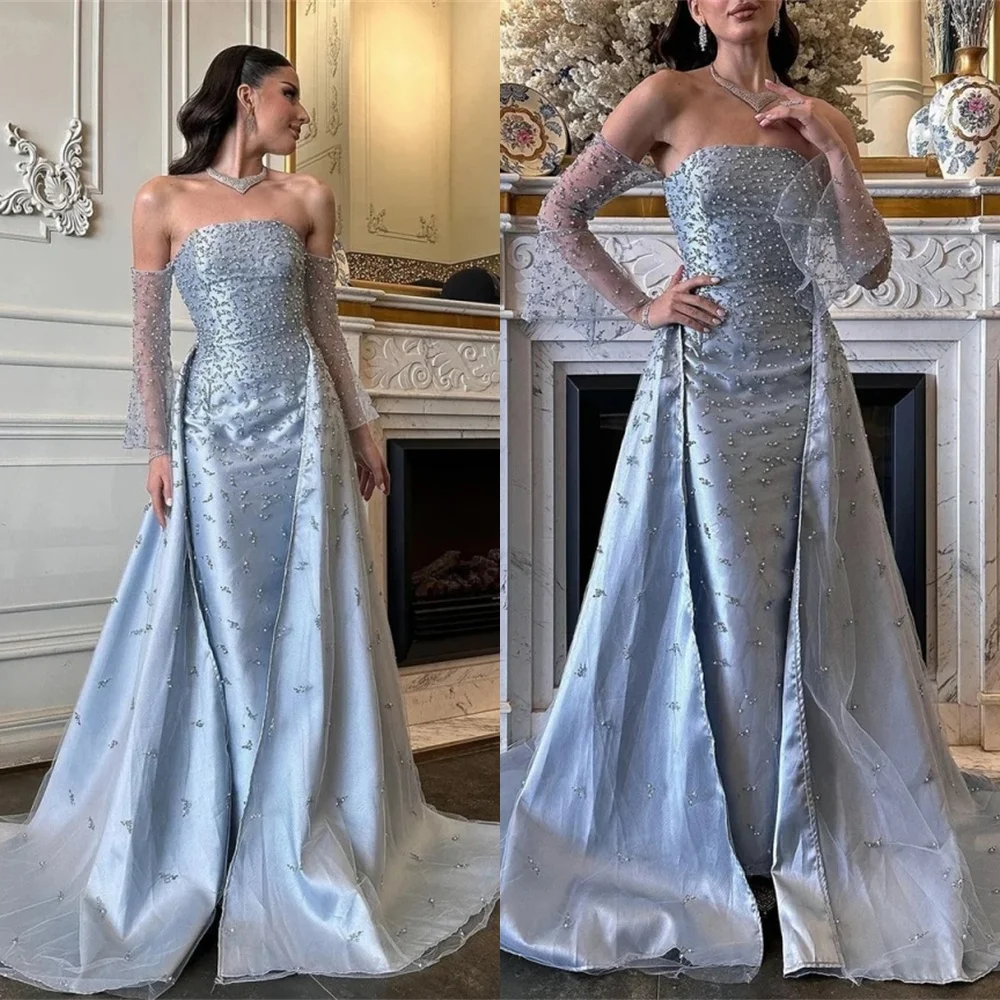 

Customized Luxury Blue Satin Evening Dresses Exquisite Strapless Long Sleeves Homecoming Dresses Fashion Court Train Prom Dress