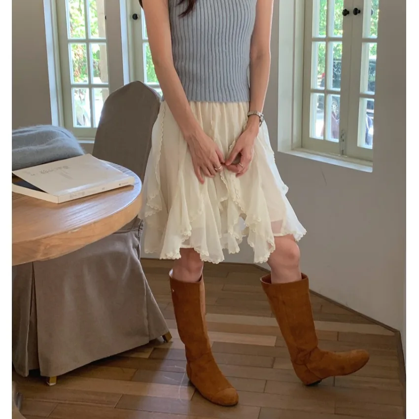 

Romantic Ruffle Splicing Asymmetrical Half Skirt Women Early Spring Korean Style Youthful Pure Desire Wind Chiffon A-Line Sho...
