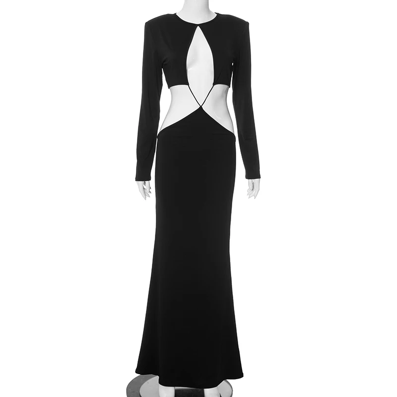 Sexy aus geschnitten Slim Fit elegantes Maxi kleid Frauen Langarm solide Goth schwarz Party Vestido 2024 Frühling Herbst Nacht Abschluss ball Kleidung