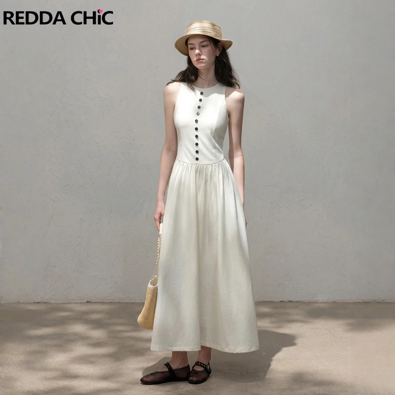 

REDDACHiC Contrast Buttons Women Summer Dress Minimalist Lounge Solid A-line Ruffle Sleeveless Long Tank Dress Vacation Clothes
