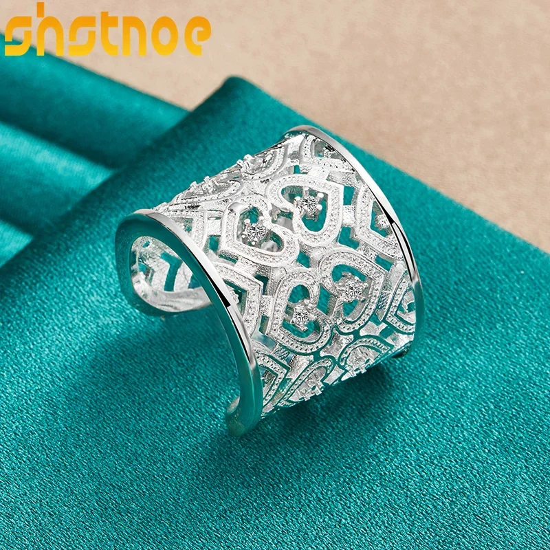 Shstone 925 anel de prata esterlina clássico zircão oco coração aberto anéis para festa feminina jantar casamento moda jóias