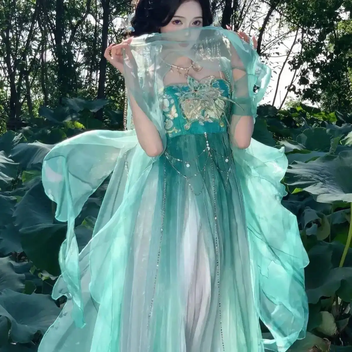

Summer Hanfu Tang Style Heavy Embroidery Chest-High Butterfly Super Fairy Gradient Improved Large Sleeve Hezi Fairy Spring
