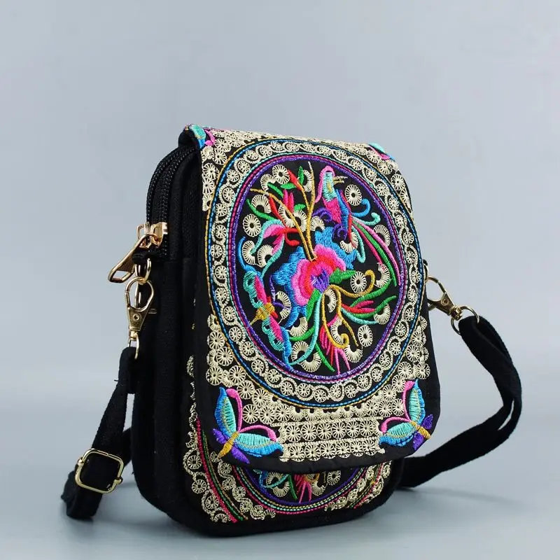 Women Shoulder Bag Travel Pouch Vintage Floral Embroidered Crossbody Zip Bag Embroidered Mobile Phone Bag