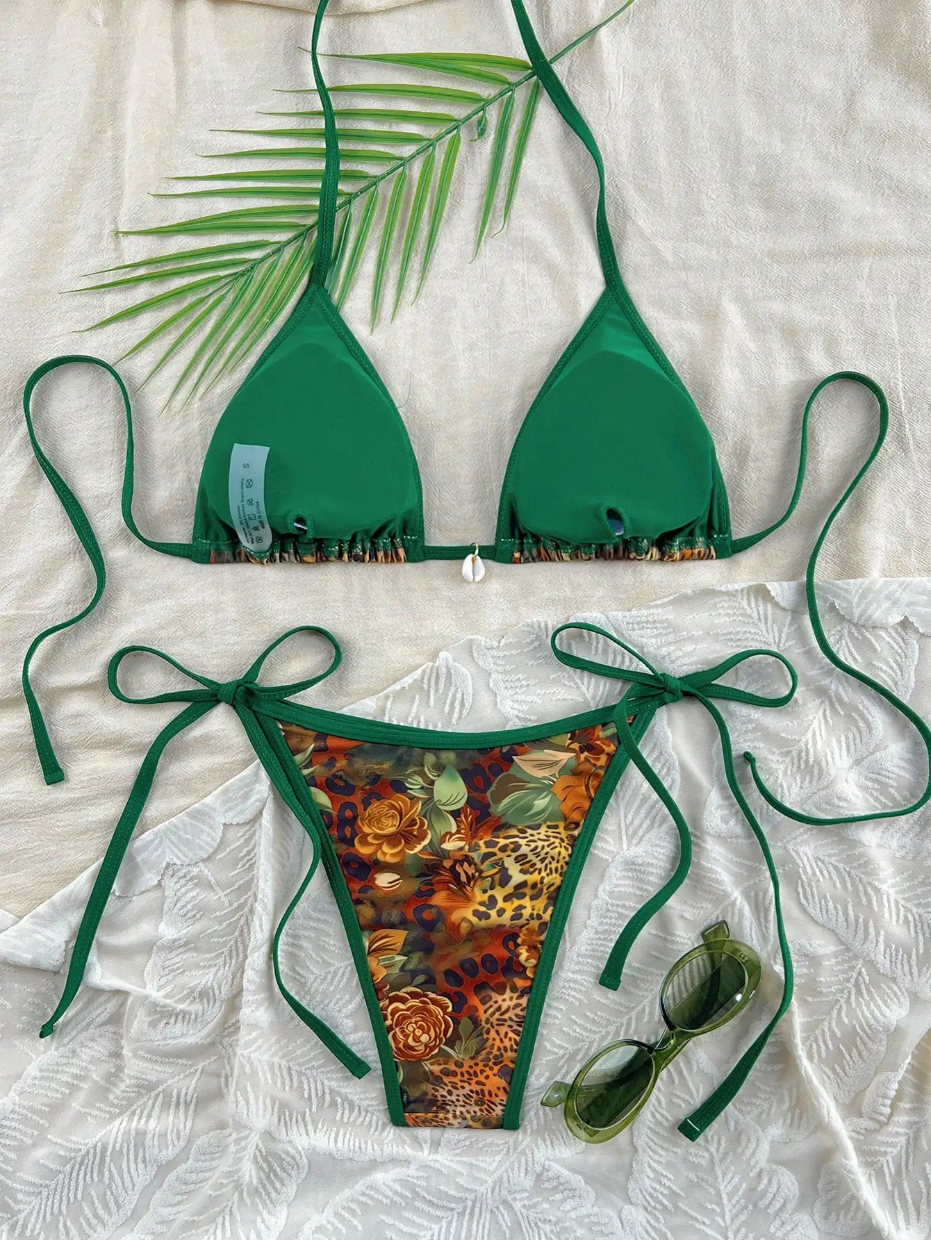 Green border leopard print bikini swimsuit