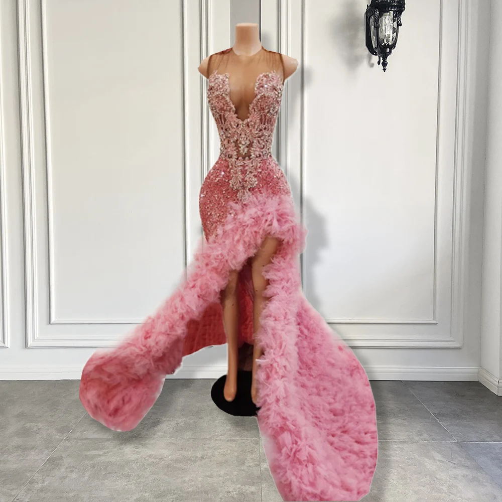 

Real Picture Long Sparkly Prom Dresses 2026 Gorgeous Pink Ruffless Sequin Beaded Embroidery Black Girls High Slit Prom Gowns
