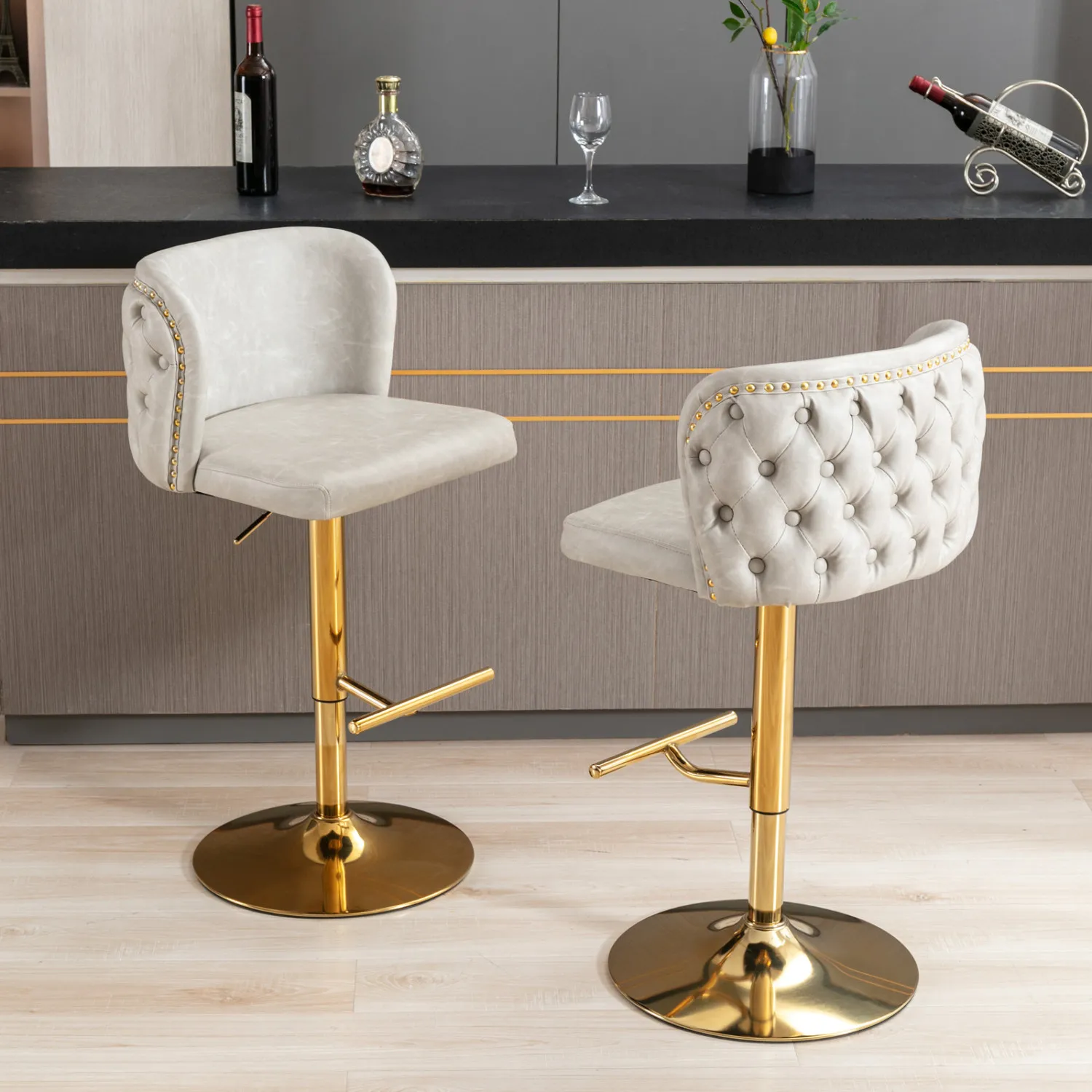 

A&A Furniture,Swivel Barstools Adjusatble Seat Height, Modern PU Upholstered Bar Stools with the whole Back Tufted, for Home Pub