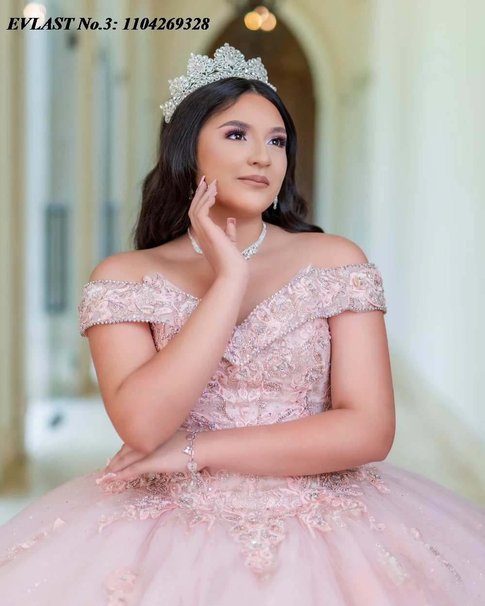EVLAST Maßgeschneidertes errötendes rosa Quinceanera-Kleid, Ballkleid, Spitze, Perlenstickerei, Tüllkorsett, Sweet 16, Vestido De 15 Anos E3Q396