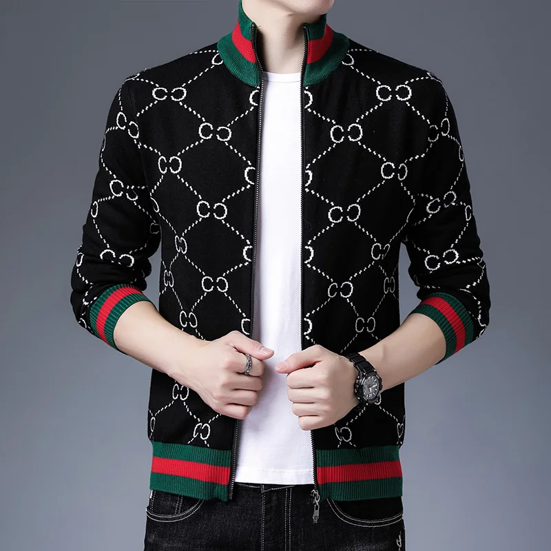 

Роскошный брендовый мужской вязаный кардиган на молнии, осенний воротник-стойка, пальто с контрастным цветным принтом, европейско-американская модная мужская одежда