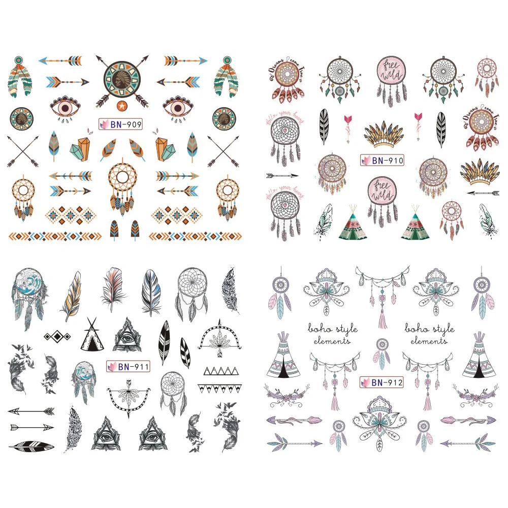 12 Patterns Dreamcatcher Water Sticker Set Feather Owl Color Nail Art Transfer Decals Tips Watermark Slider Manicure SABN901-912