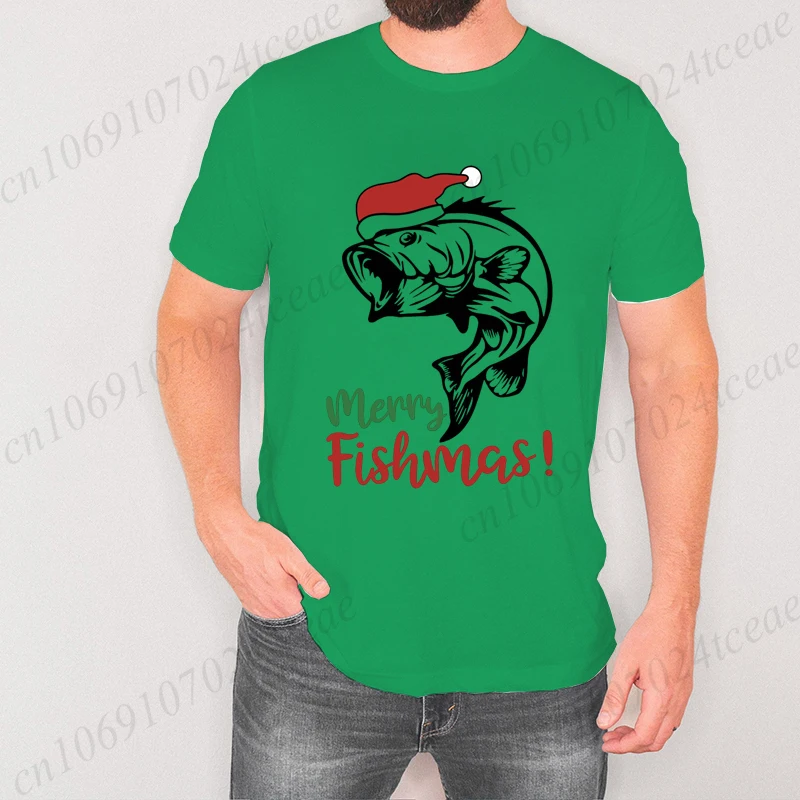 الصيد عيد الميلاد الرجال تي شيرت مرح Fishmas طباعة تيز موضة قصيرة الأكمام عادية المتضخم تي شيرت صياد عيد الميلاد القمم