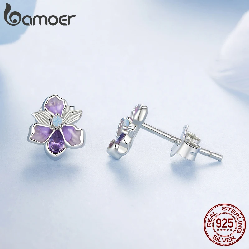 Bamoer 925 Sterling Silver Original Iris Flower Open Ring Butterfly Earrings Purple Romantic For Women Party Fine Jewelry Set