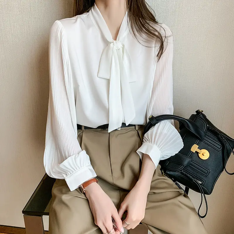 Bow White Shirt for Women Spring Autumn New Long Sleeve Chiffon Solid Loose Temperament Blouse Office Fashion Women Clothing