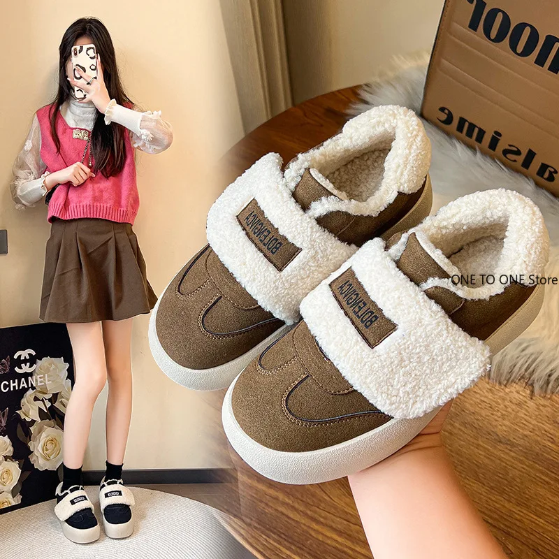 Winter New Fashion Casual Cotton Shoes Sports Running Outer Wear Woolen Thick Sole Plus Velvet Platform Shoes for Women Flat