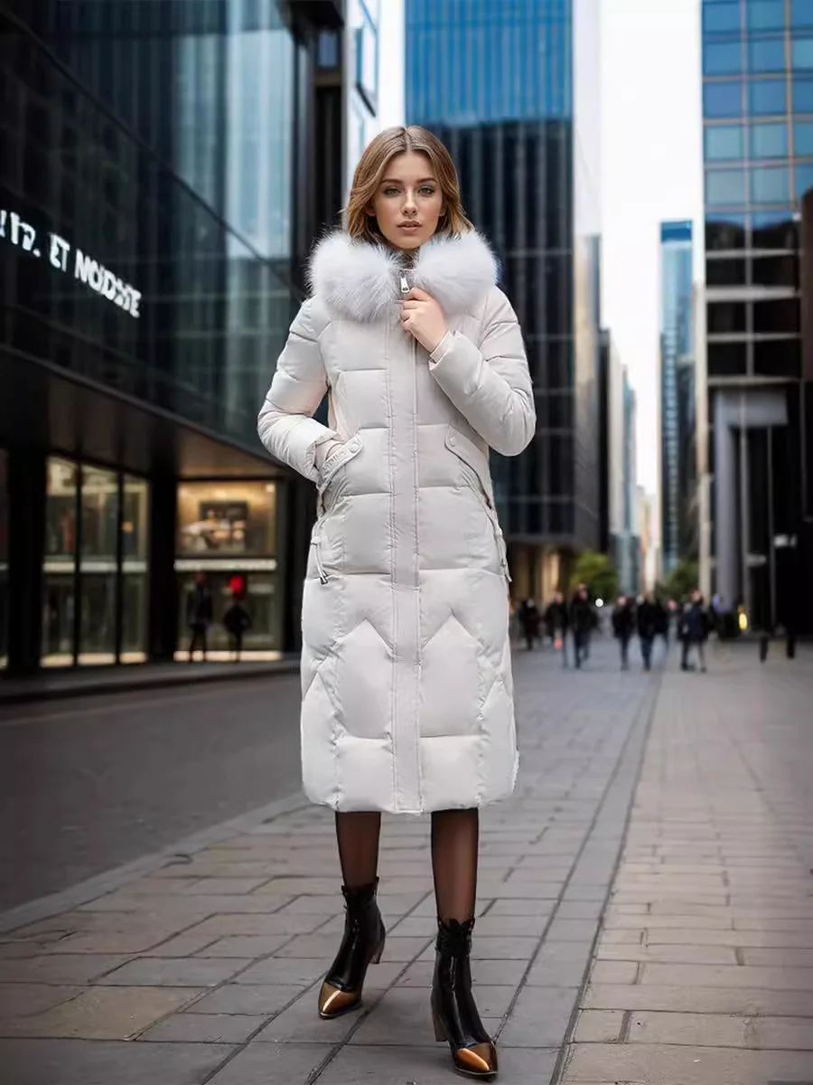 Winter Woman Parka Long 2024 New Down Coat Fur Collar Thicken Warm Loose Zipper Pockets Hodded Coat Female Stylish Woman Clothes